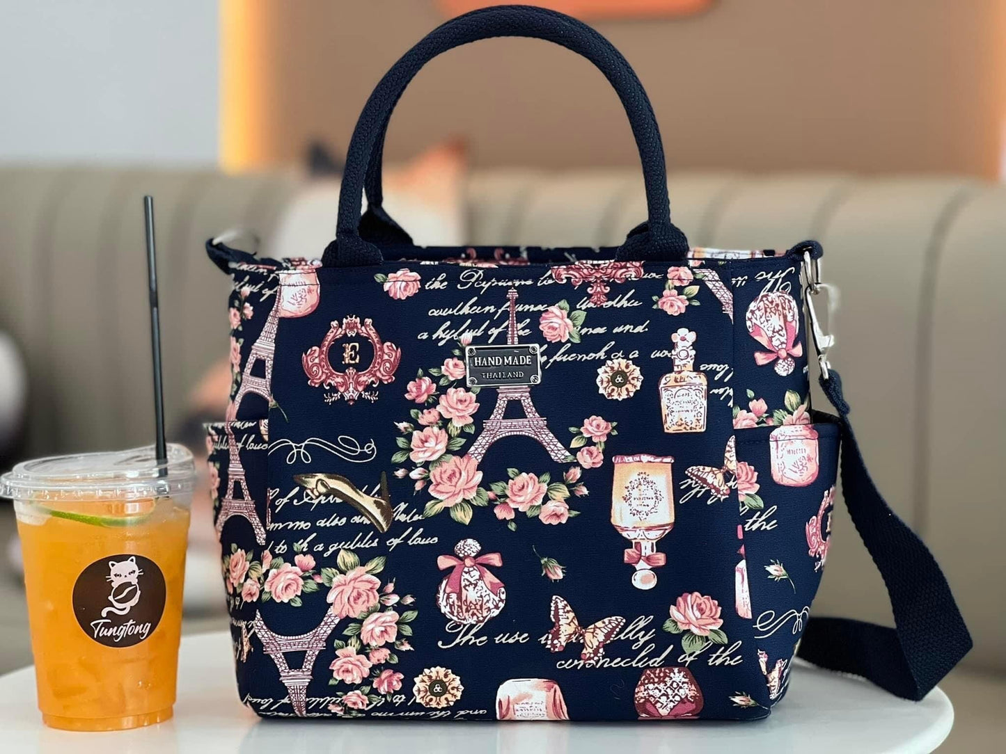 Handmade Thailand Handbag in Dark Blue Fabric with Paris Eifel Tower and Perfume Pattern