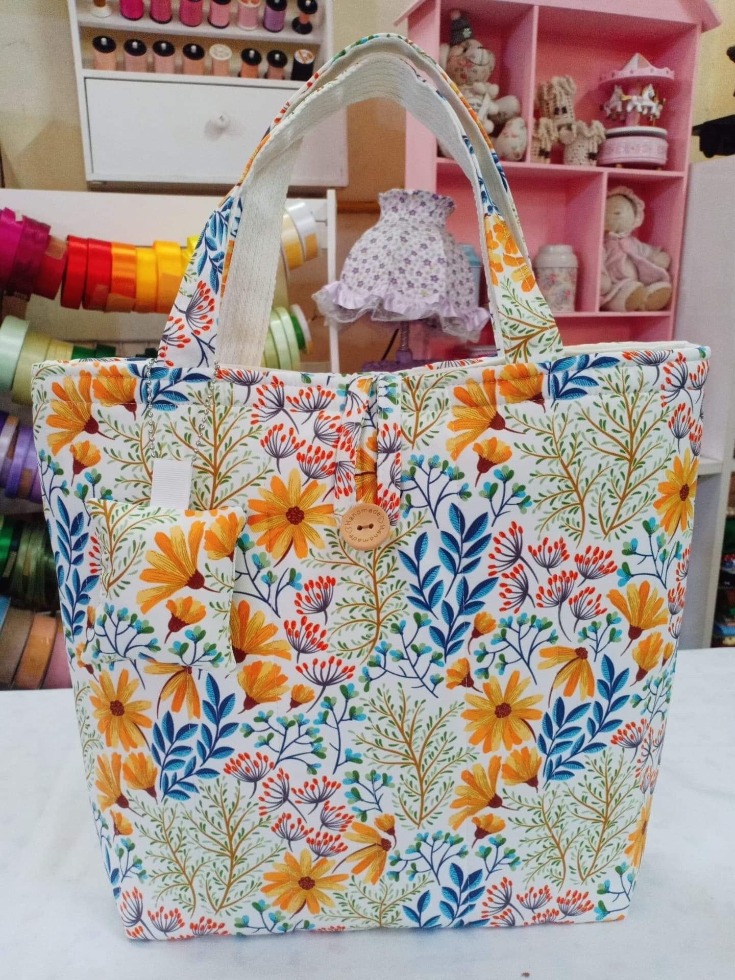 Handmade Handbag - Floral Elegance in Orange Sunflower with Leaves on White pattern