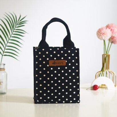 Handmade Canvas Crossbody Bag - Compact and Stylish in Black with White Polka Dot Pattern