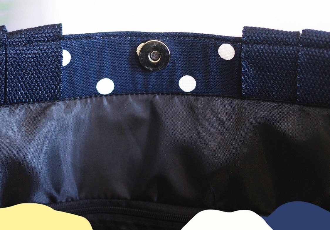 Snap Closure on Handmade Versatile Vacation, Beach, and Everyday Tote in White Hearts on Blue