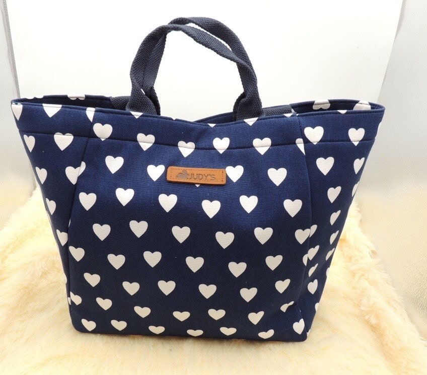 Handmade Versatile Vacation, Beach, and Everyday Tote in White Hearts on Blue