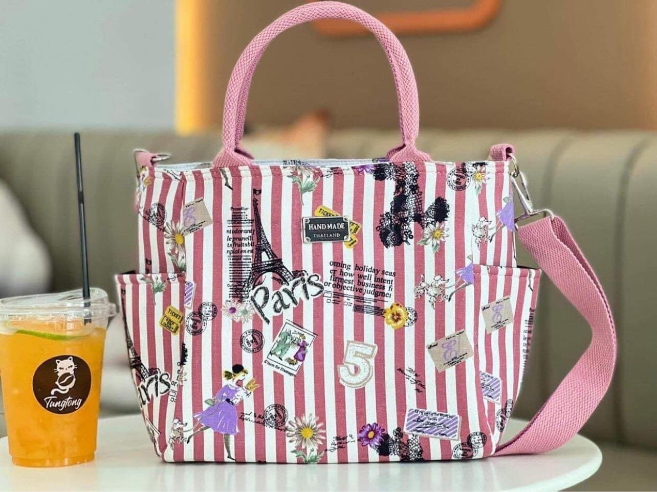 Handmade Thailand Handbag in Pink and White stripe Fabric with Paris Eifel Tower and Perfume Pattern