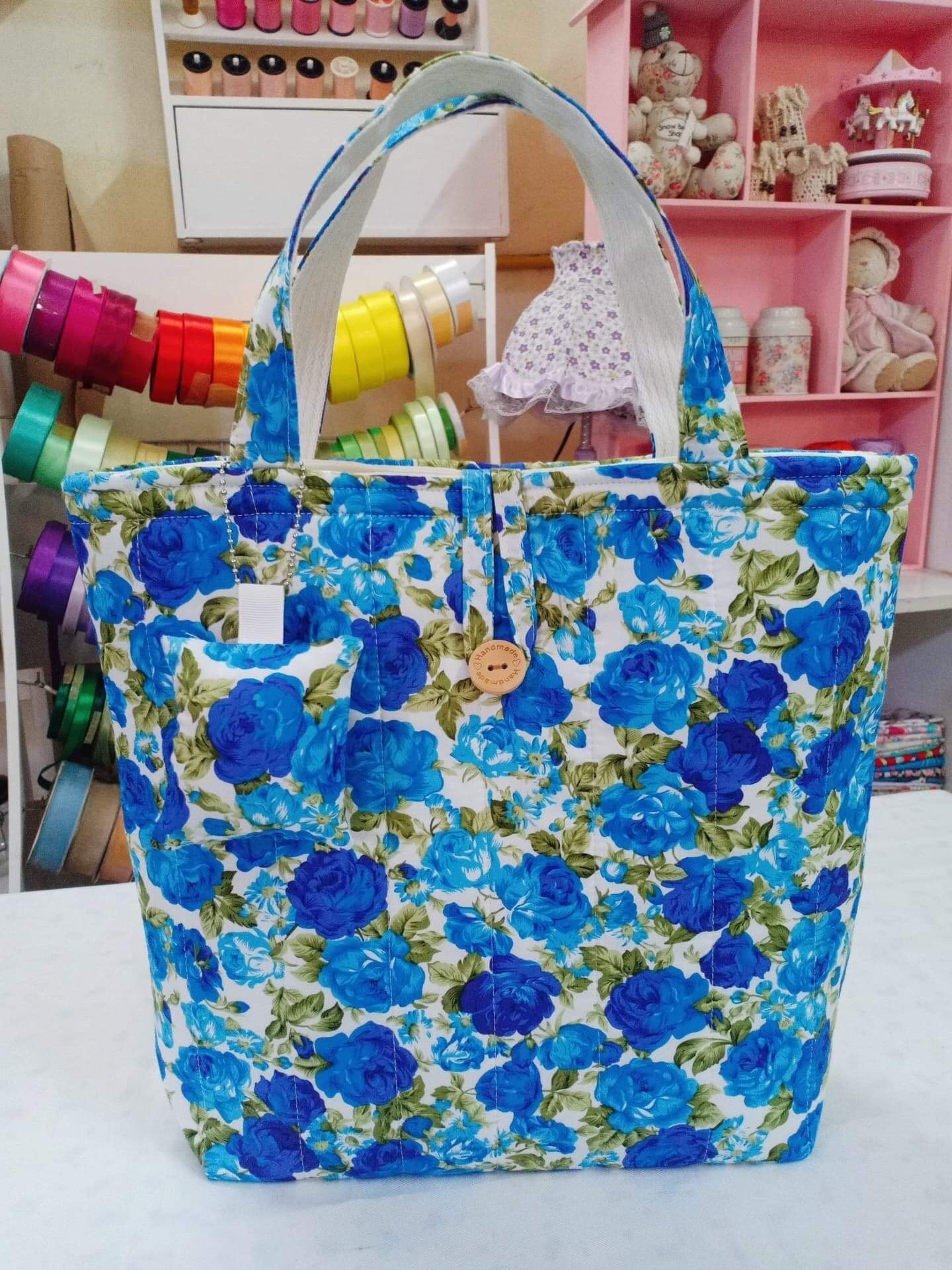 Handmade Handbag - Floral Elegance in Blue Rose on White pattern