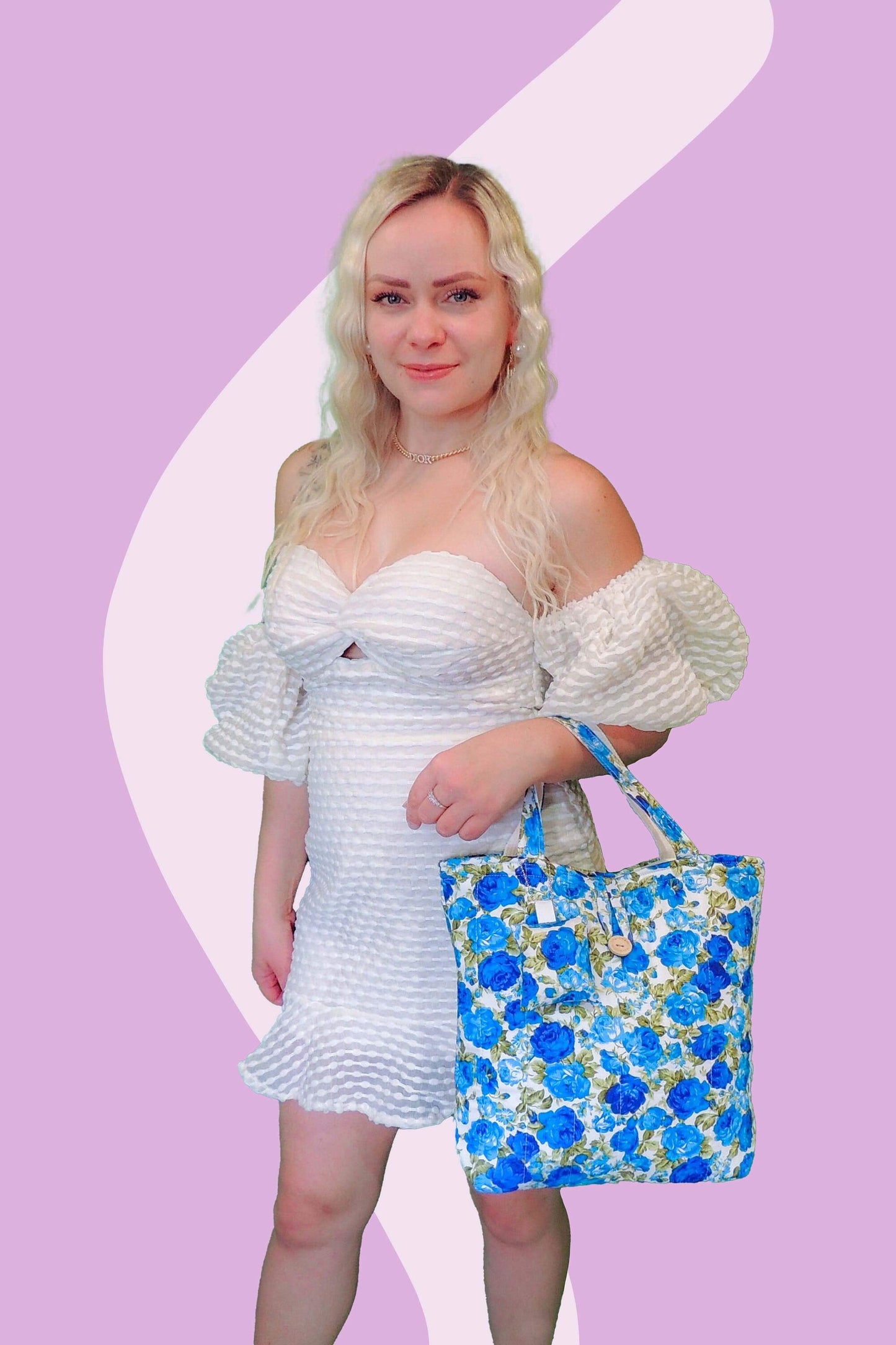 Girl with Handmade Handbag - Floral Elegance in Blue Rose on White pattern