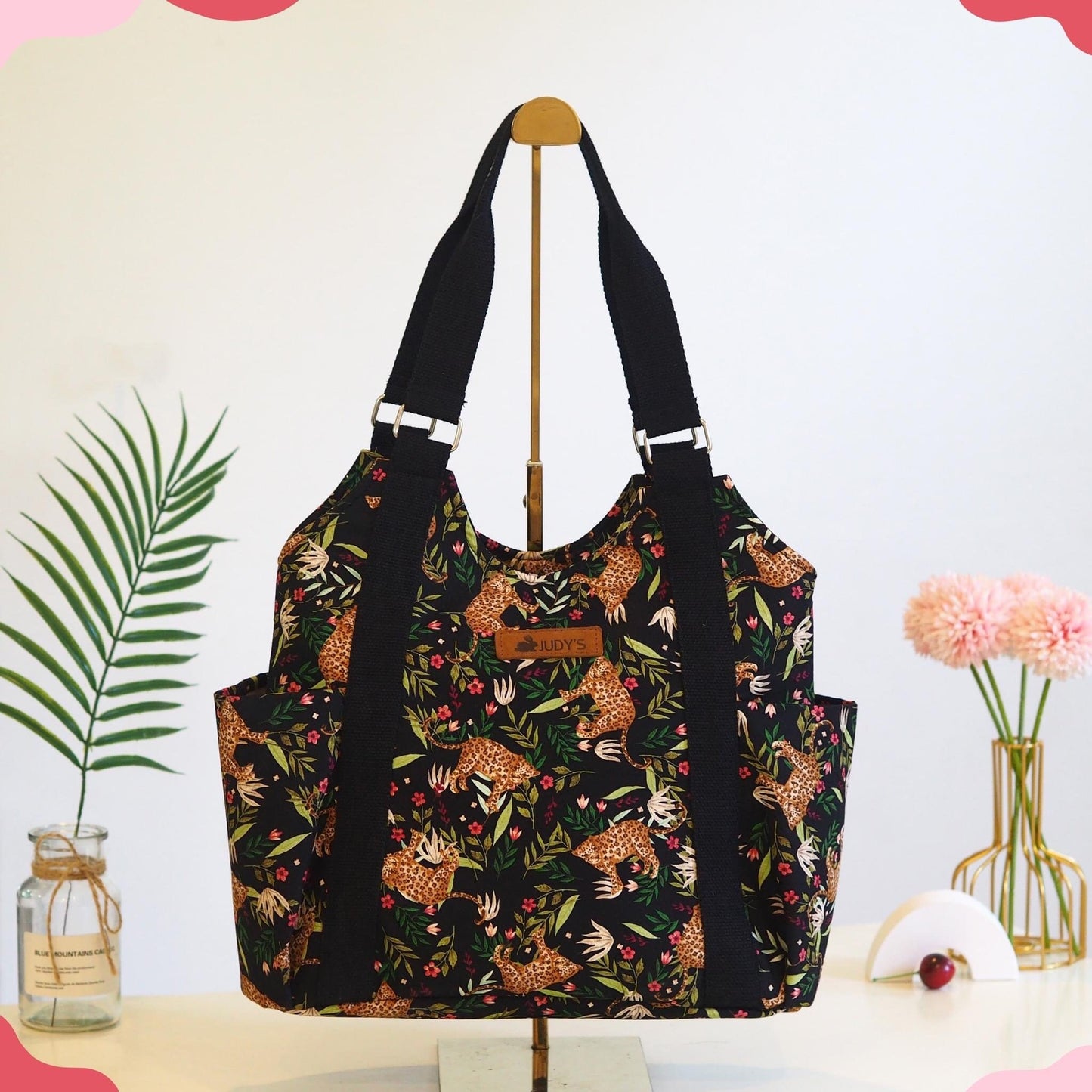 T-Shirt Style Shoulder Tote Bag - Chic Design in Blue with Leopard and Jungle Leaf on Black Pattern.