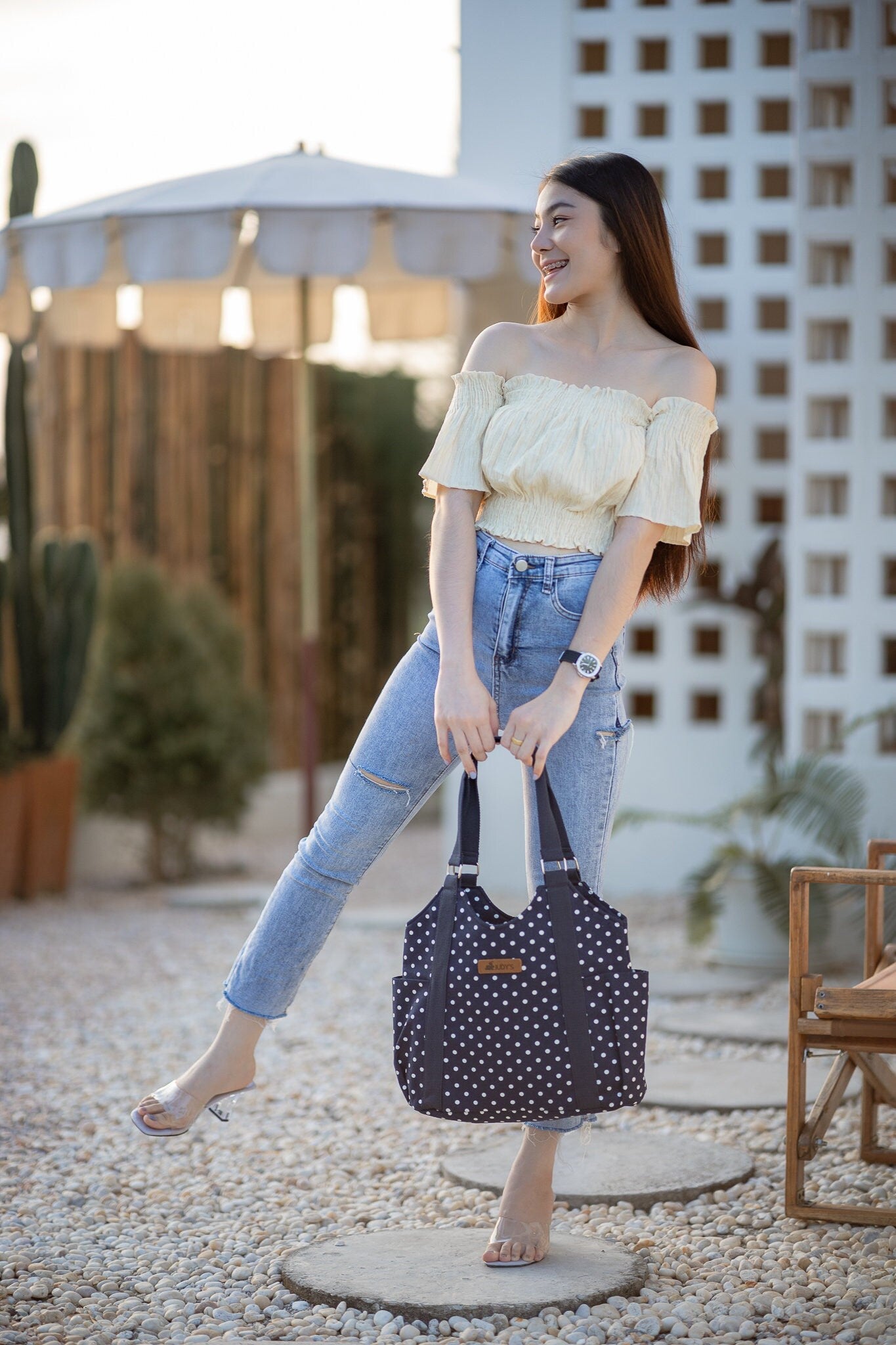 Thai Girl with T-Shirt Style Shoulder Tote Bag - Chic Design in Blue with White Polka Dot Pattern.
