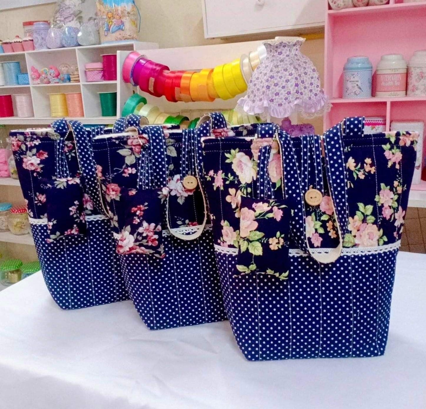 Handmade Shoulder Bag - Elegant Rose Flower and Polka Dot Design Pink Rose on Dark and Blue White Polka Dot Pattern