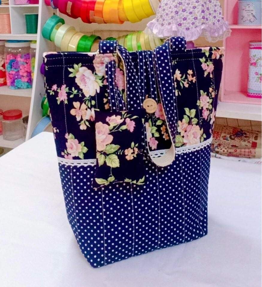 Handmade Shoulder Bag - Elegant Rose Flower and Polka Dot Design Pink Rose on Dark and Blue White Polka Dot Pattern