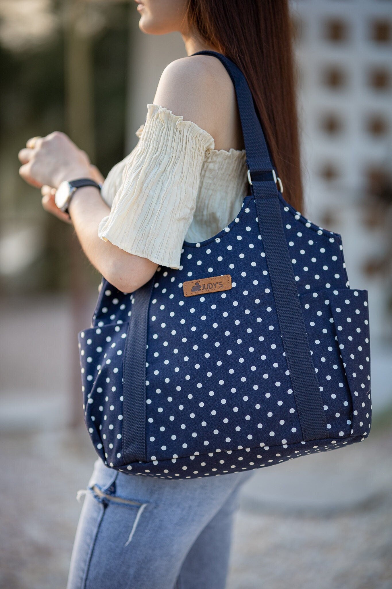 T-Shirt Style Shoulder Tote Bag - Chic Design in Blue with White Polka Dot Pattern.