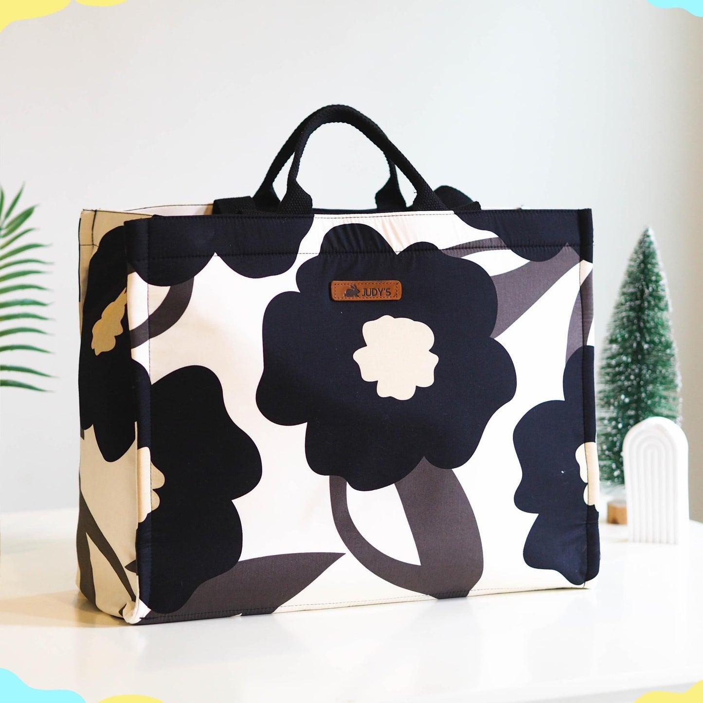 Jumbo Shopping Bag - Unique Floral and Bold Prints - Shown in Bold Black Flower on White Pattern.