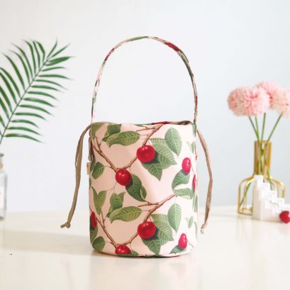 Bucket Bag - Pretty Cherry Print on Pink