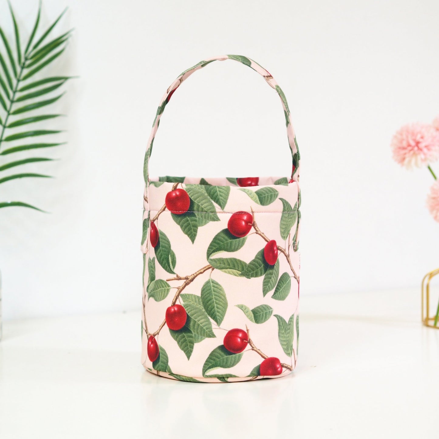 Bucket Bag - Pretty Cherry Print on Pink