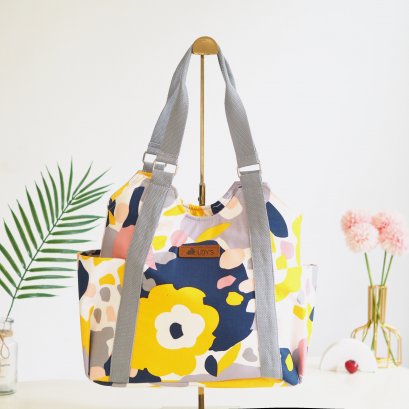 T-Shirt Style Shoulder Tote Bag - Chic Design in Big Yellow and Blue Flower Pattern on Grey