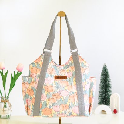 T-Shirt Style Shoulder Tote Bag - Chic Design in Pink and Orange Tulip Flower Pattern on Grey