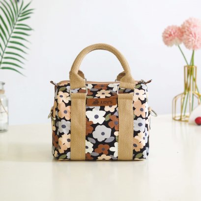 Small Pillow Bag  Crossbody or Shoulder Bag in Small Brown Grey and White Flowers on Black background pattern.