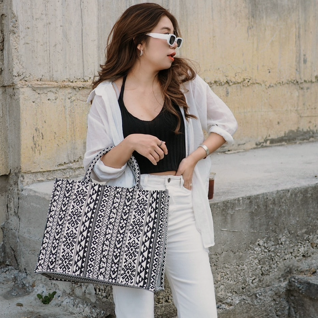 BOHO Geometric Black and White Printed Heavy Canvas Tote Bag - Natty Designed