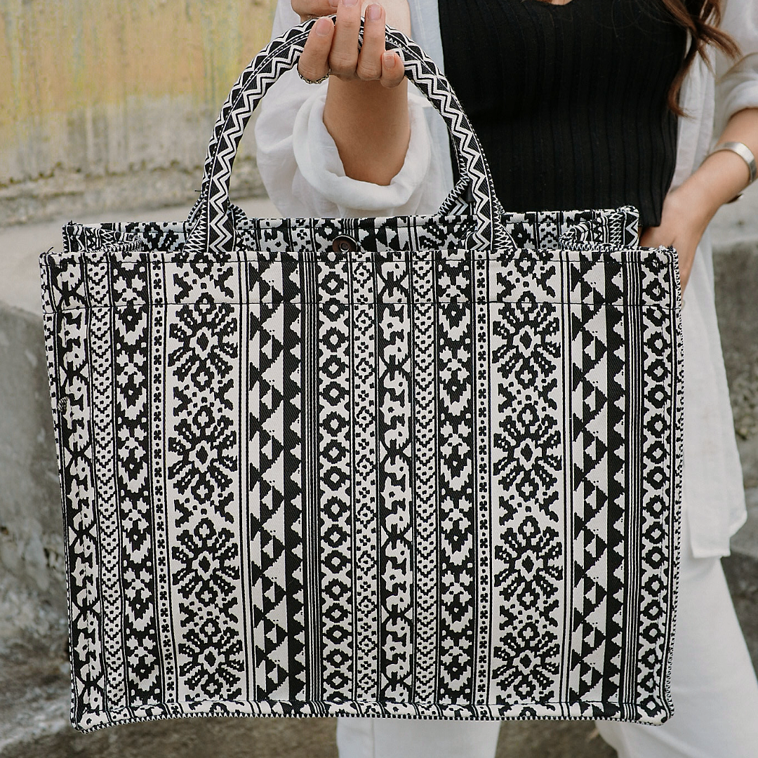 BOHO Geometric Black and White Printed Heavy Canvas Tote Bag - Natty Designed