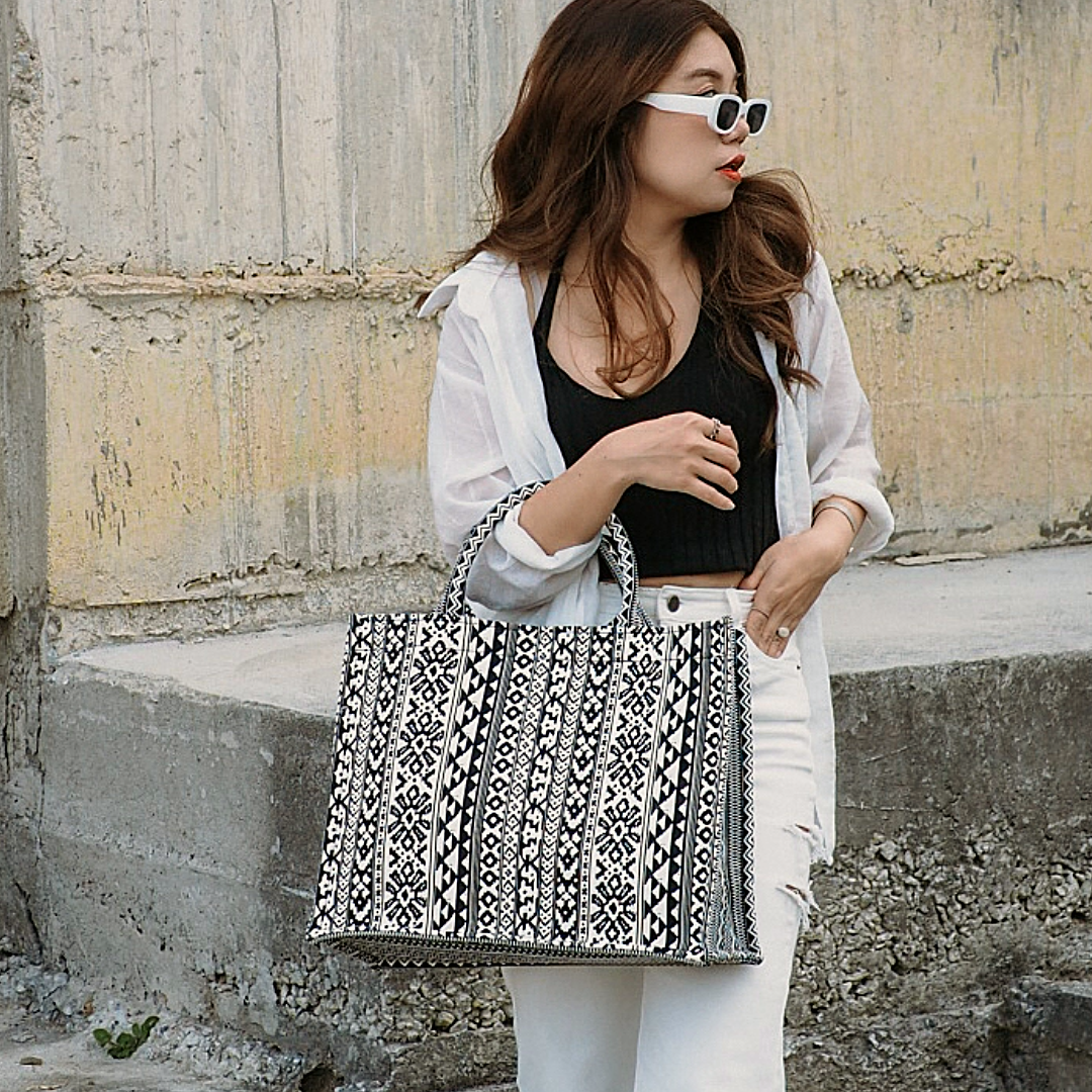 BOHO Geometric Black and White Printed Heavy Canvas Tote Bag - Natty Designed