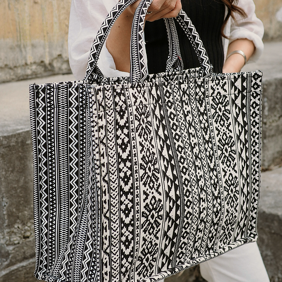 BOHO Geometric Black and White Printed Heavy Canvas Tote Bag - Natty Designed