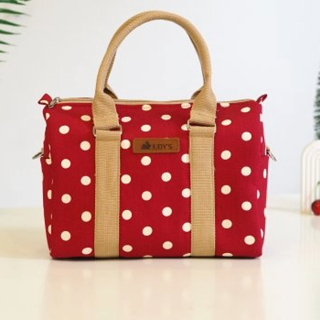 Big Pillow Shape Bag - Stylish and Spacious - in Maroon with White Polka Dot.