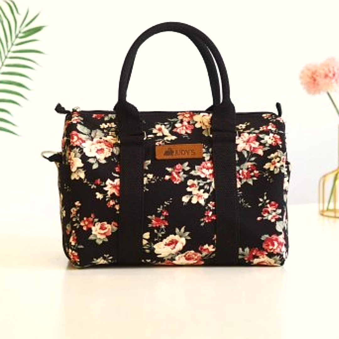 Big Pillow Shape Bag - Stylish and Spacious - in White Rose on Black Pattern.