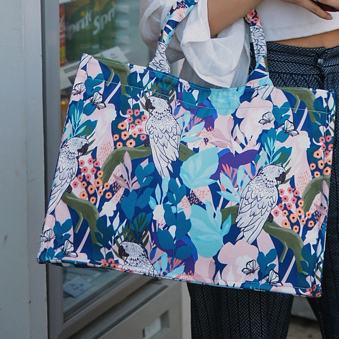 Tropical Paradise Parrots and Floral Print Canvas Tote Bag