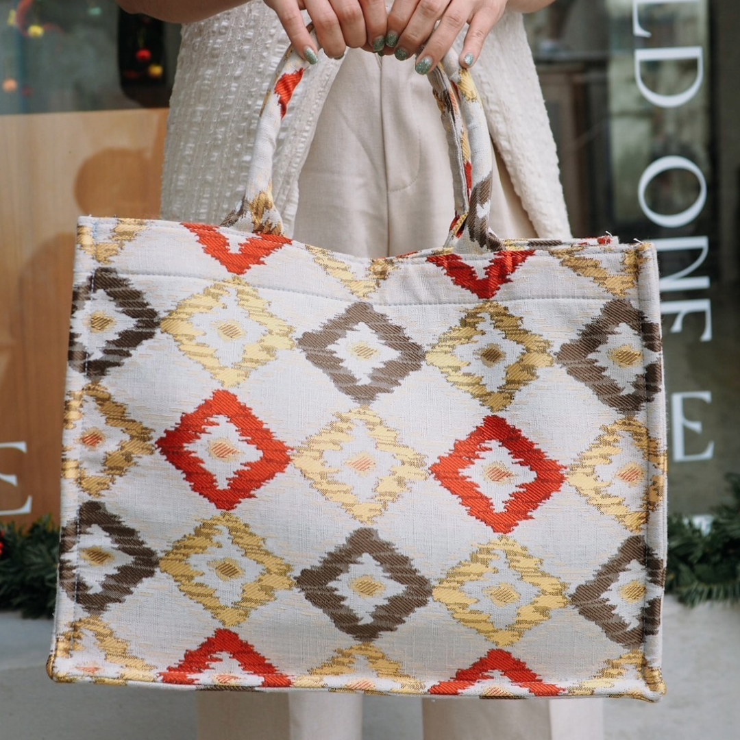 Premium Woven Jacquard Tote Bag - Beautiful Gold, Silver, and Red Diamond Pattern