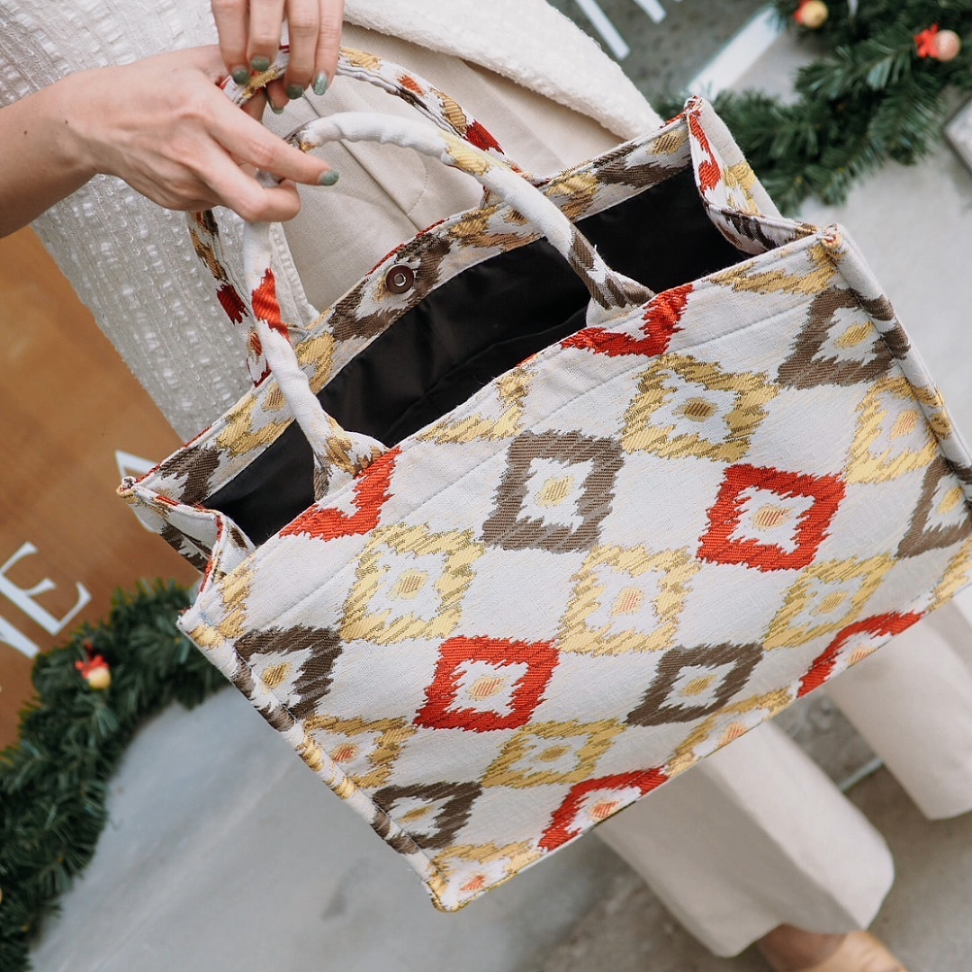 Premium Woven Jacquard Tote Bag - Beautiful Gold, Silver, and Red Diamond Pattern