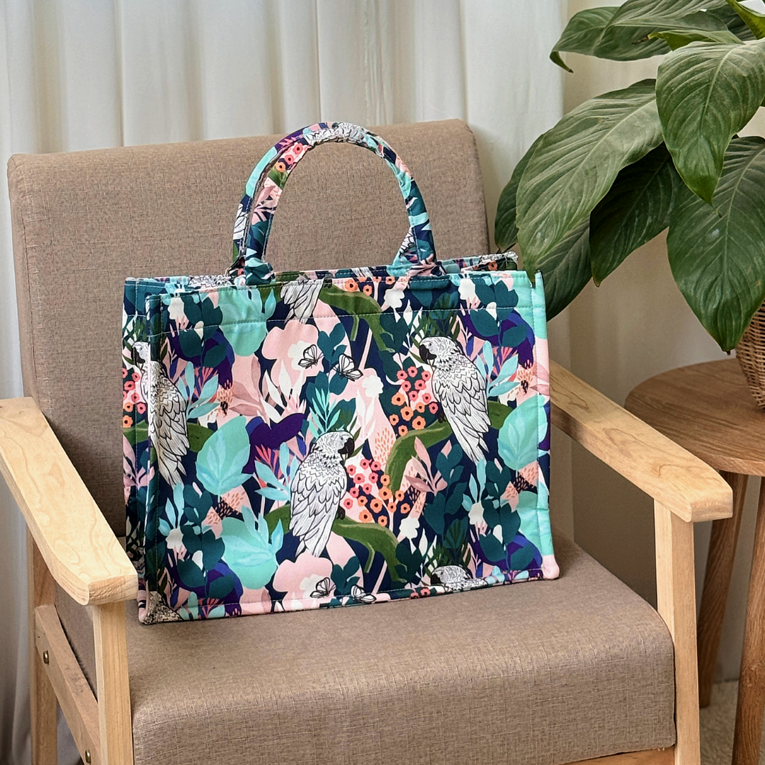 Tropical Paradise Parrots and Floral Print Canvas Tote Bag