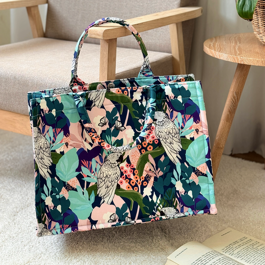 Tropical Paradise Parrots and Floral Print Canvas Tote Bag