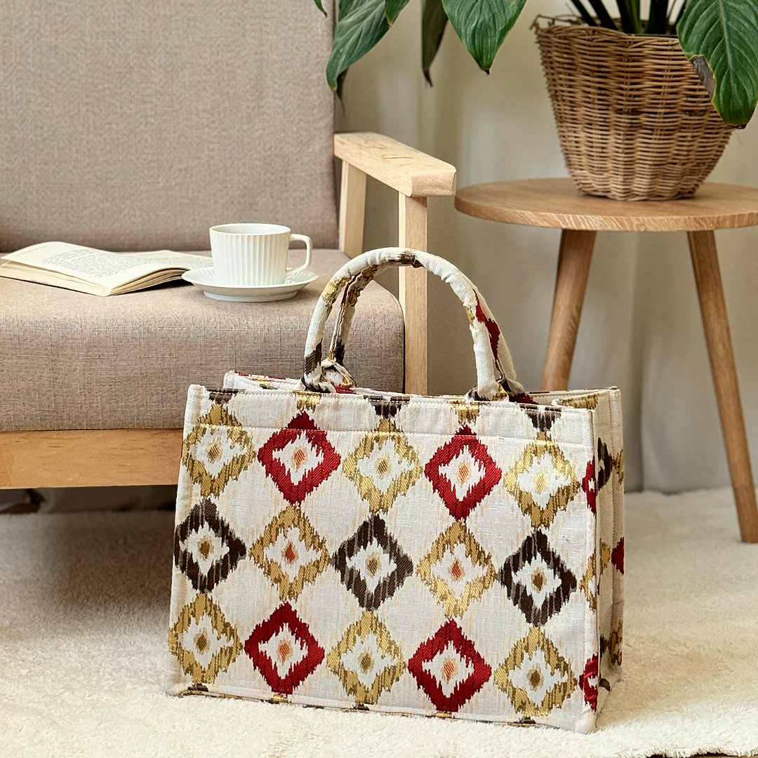 Premium Woven Jacquard Tote Bag - Beautiful Gold, Silver, and Red Diamond Pattern