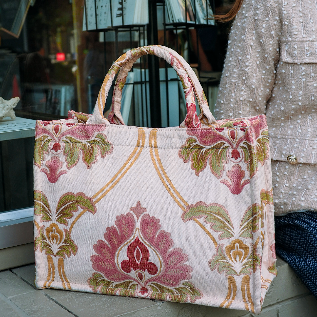 Premium Pink and Gold Jacquard Weave Large Tote Bag