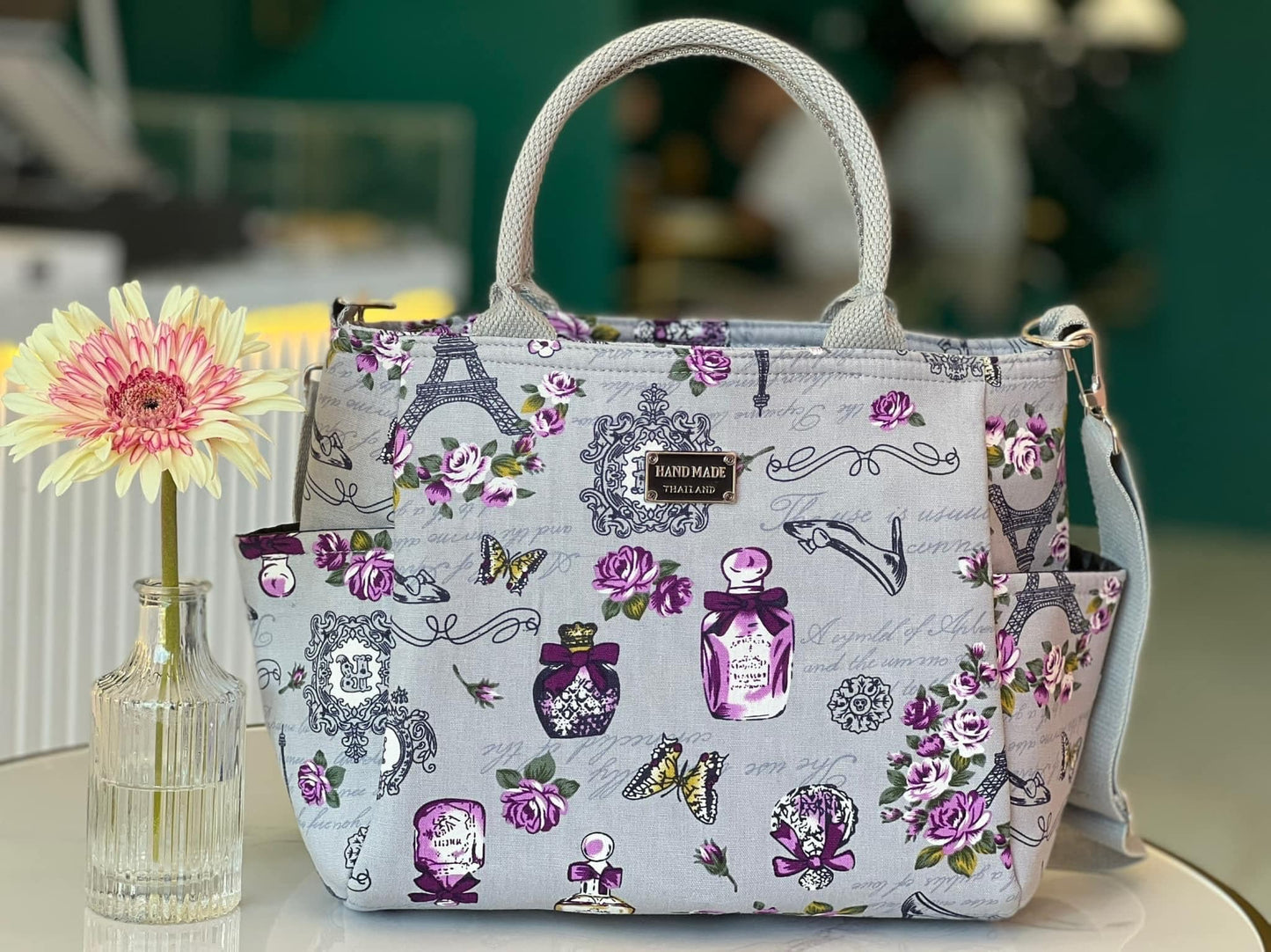 Handmade Thailand Handbag in Light Grey Fabric with Paris Eifel Tower and Perfume and Flower Pattern in Purple