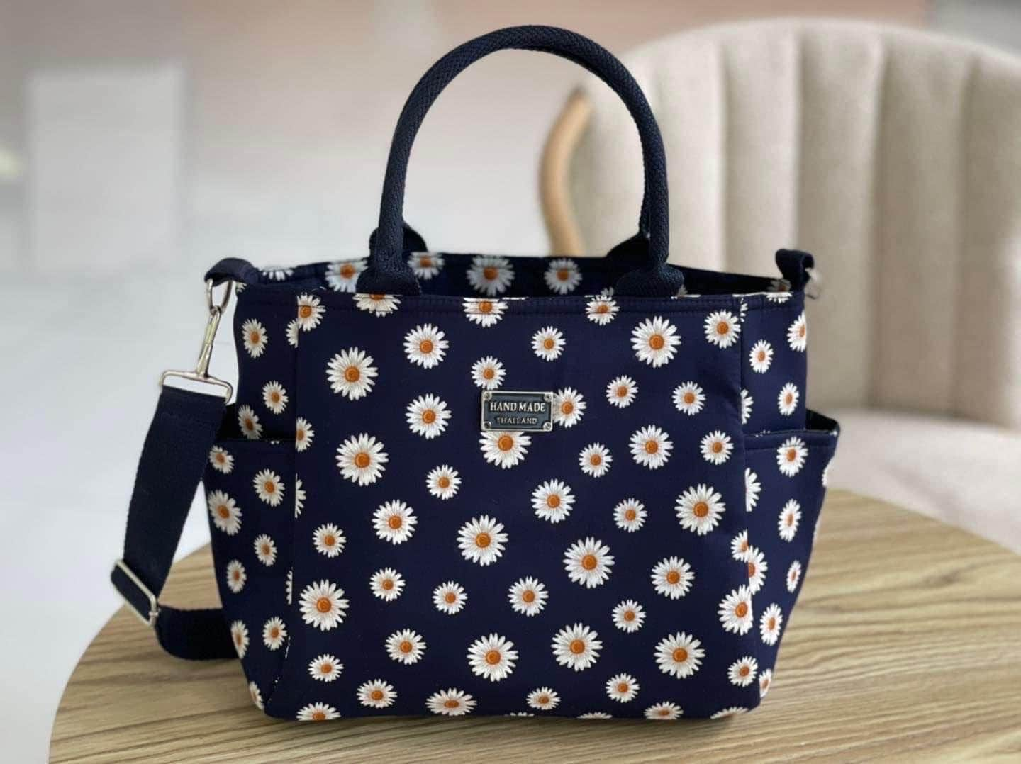 Handmade Thailand Handbag in Dark Blue Fabric with White Daisy Pattern