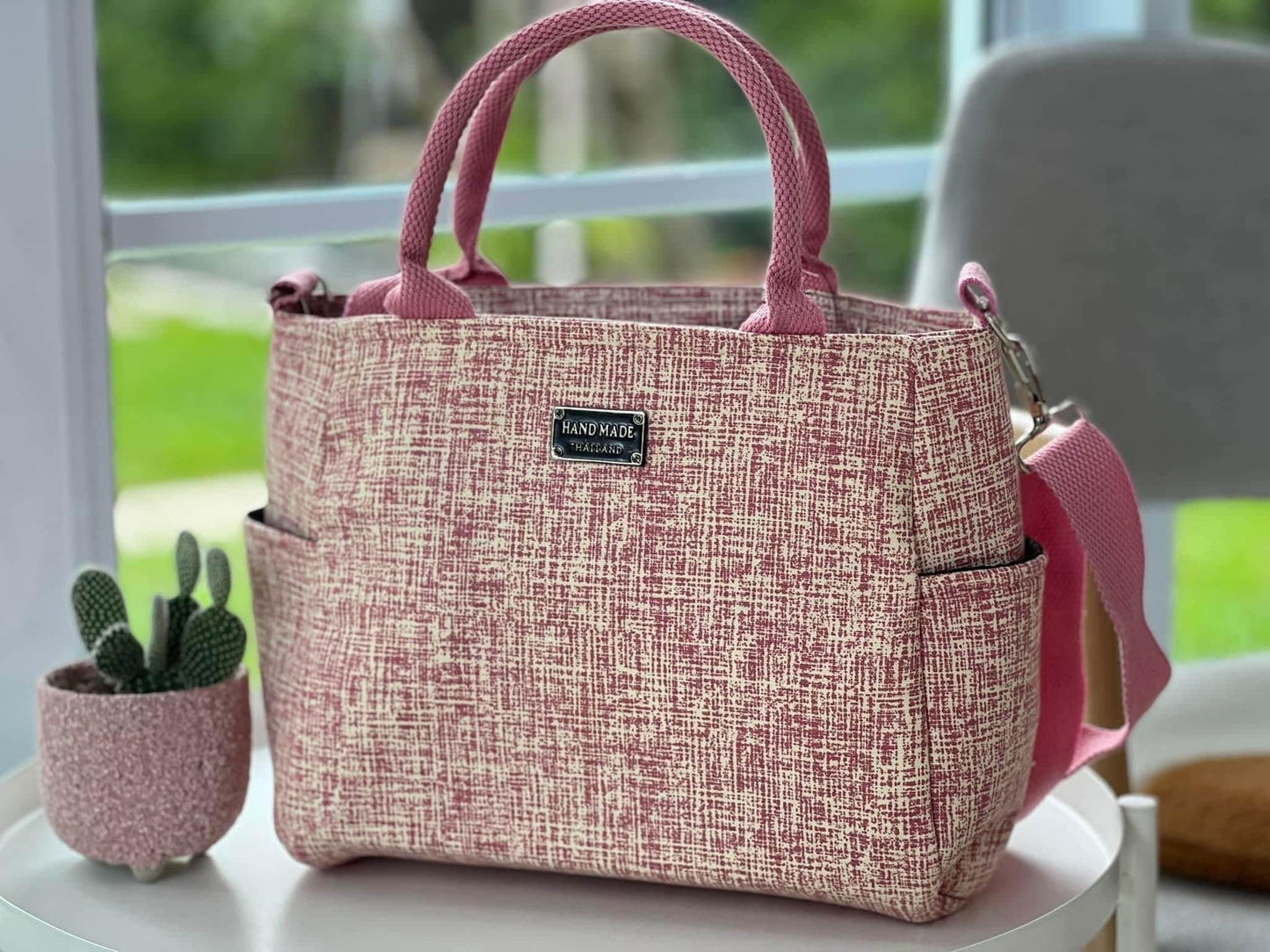 Handmade Thailand Handbag in Vintage Style Pink and White random weave Pattern