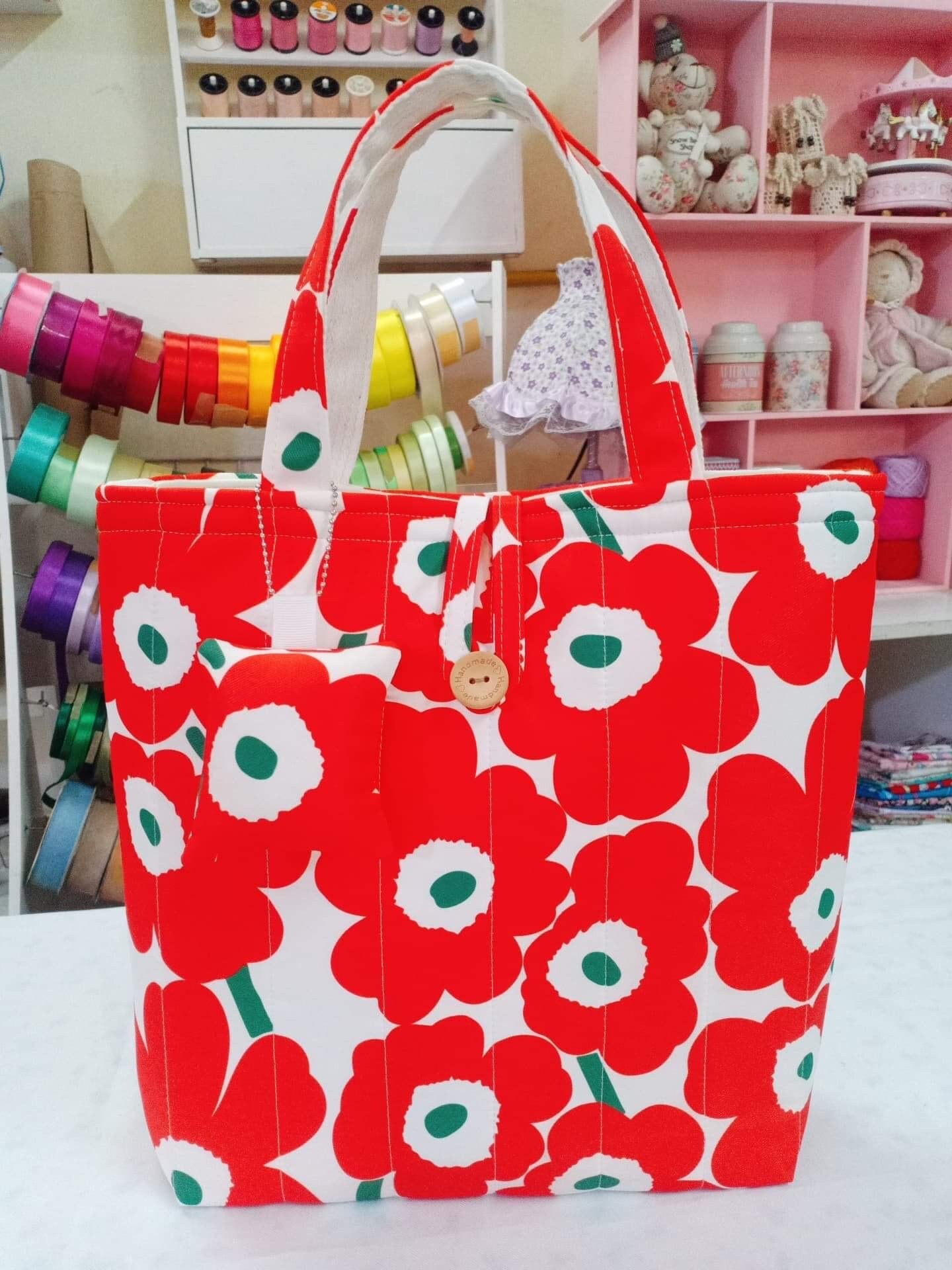 Handmade Handbag - Floral Elegance in Bold Red Flower on White pattern