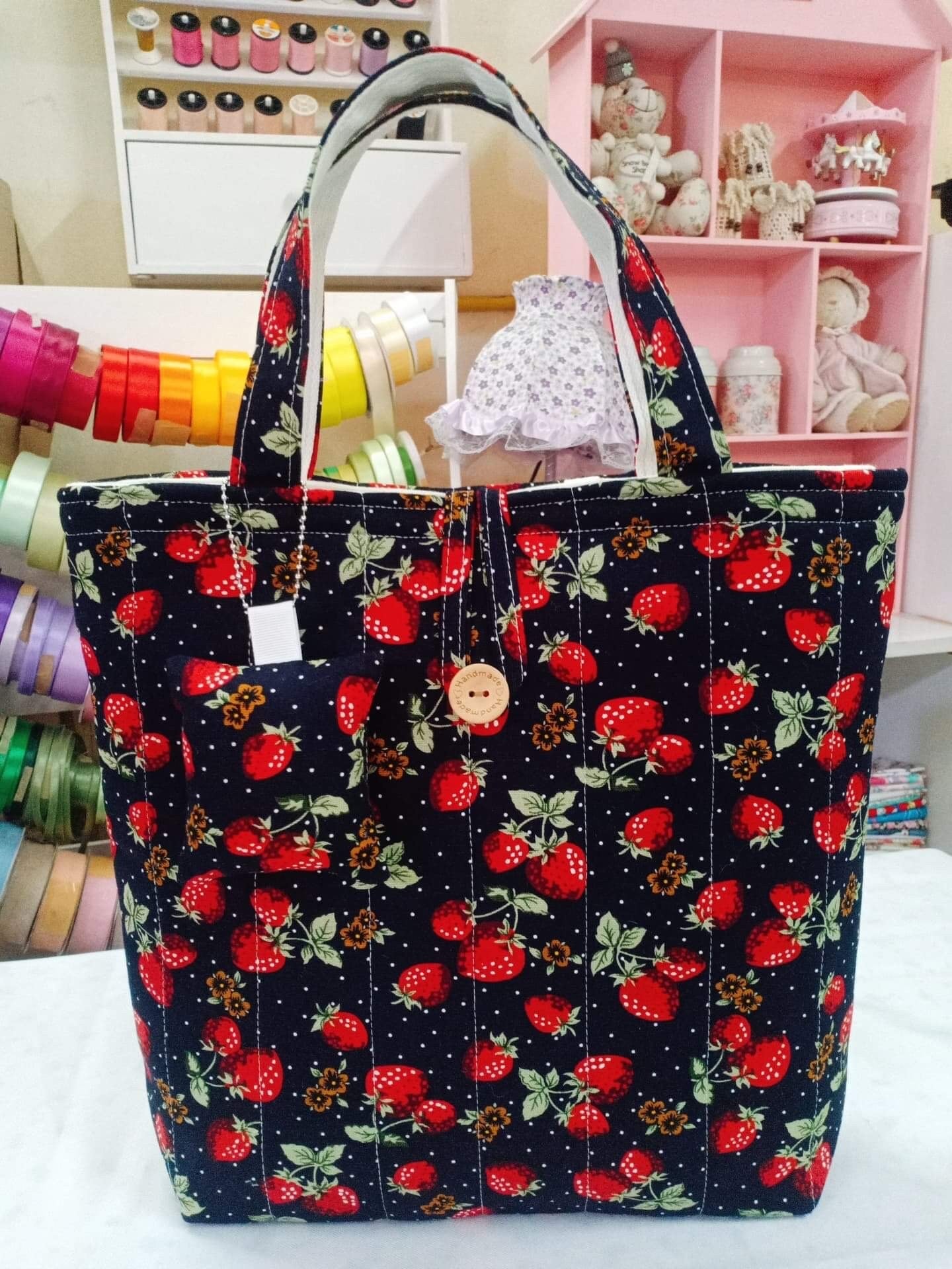 Handmade Handbag - Floral Elegance in Strawberry on Black pattern