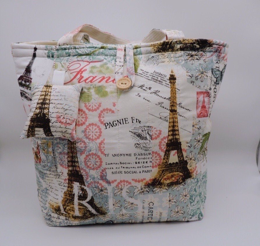 Handmade Handbag - Elegant French Prints with Eiffel Tower Design in light blue