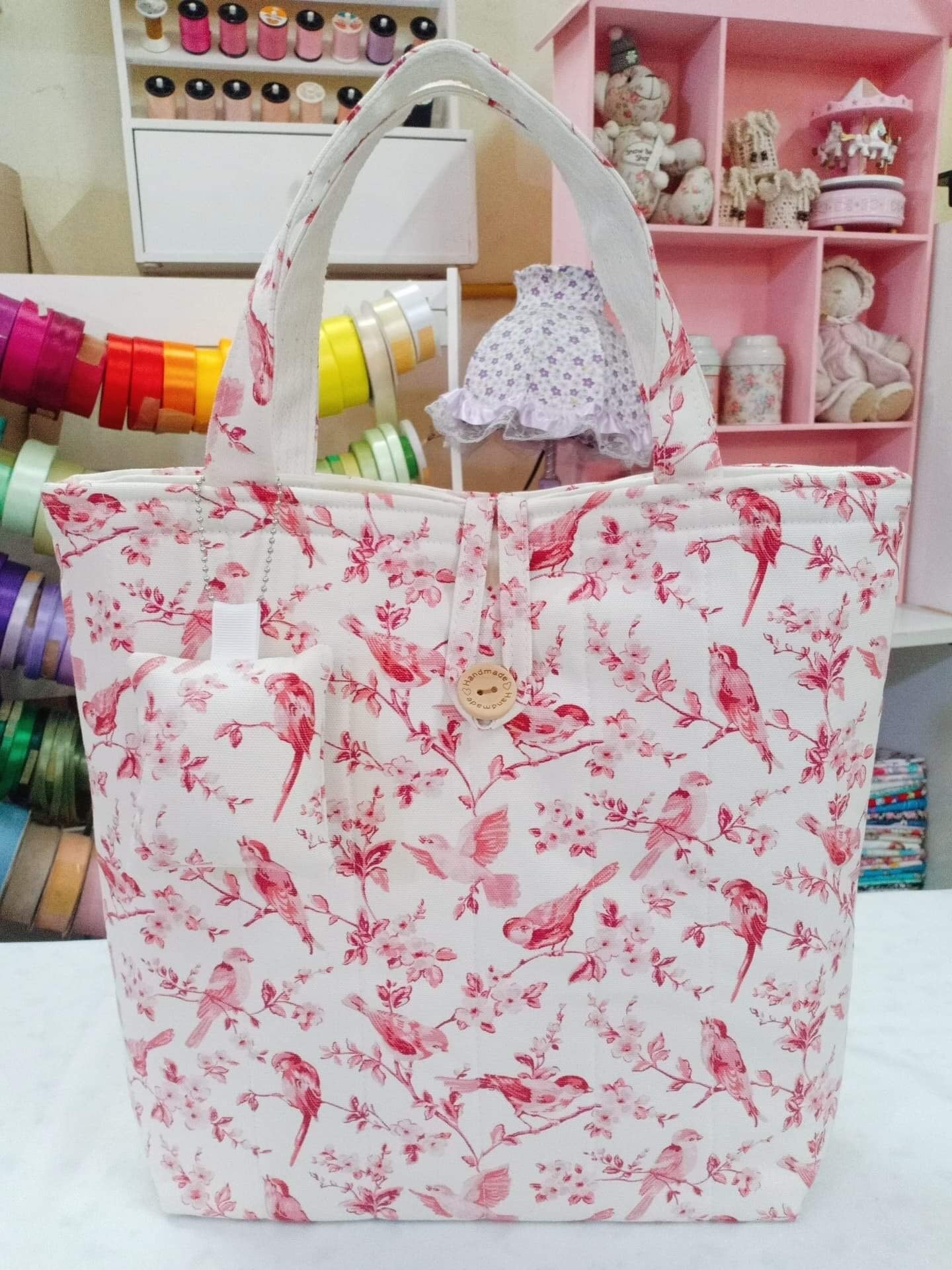 Handmade Handbag - Elegant French Prints with Pink Birds Design