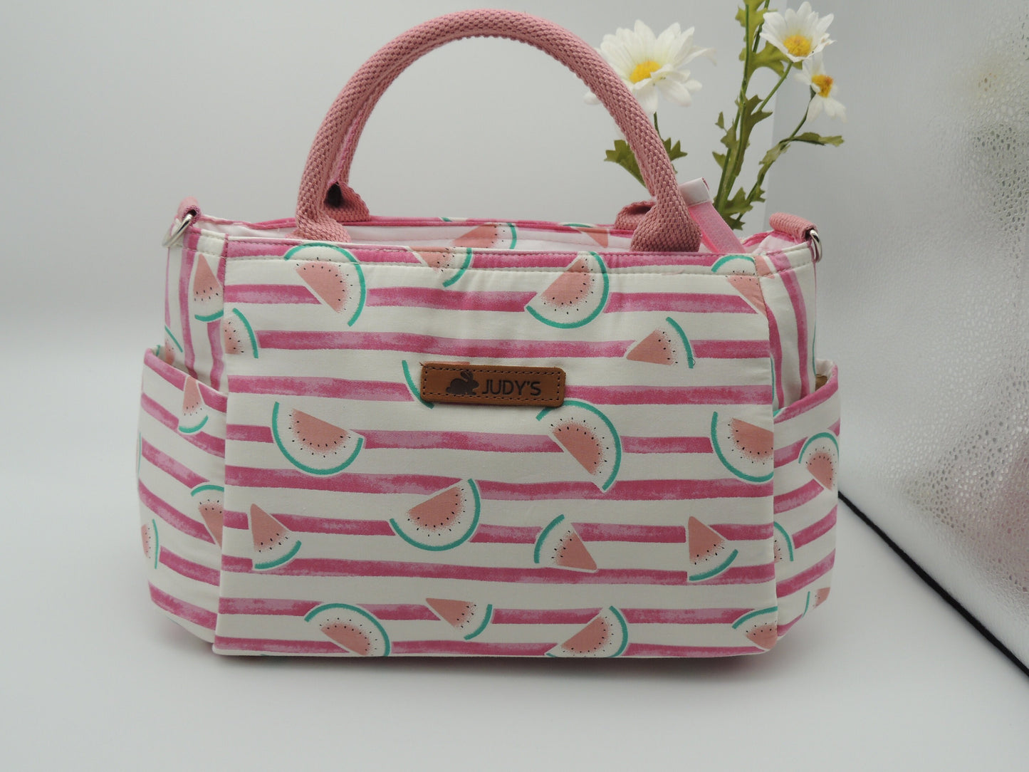 Elegant Water Drop Shape Medium Handbag in Pink and White stripe with watermelon pattern