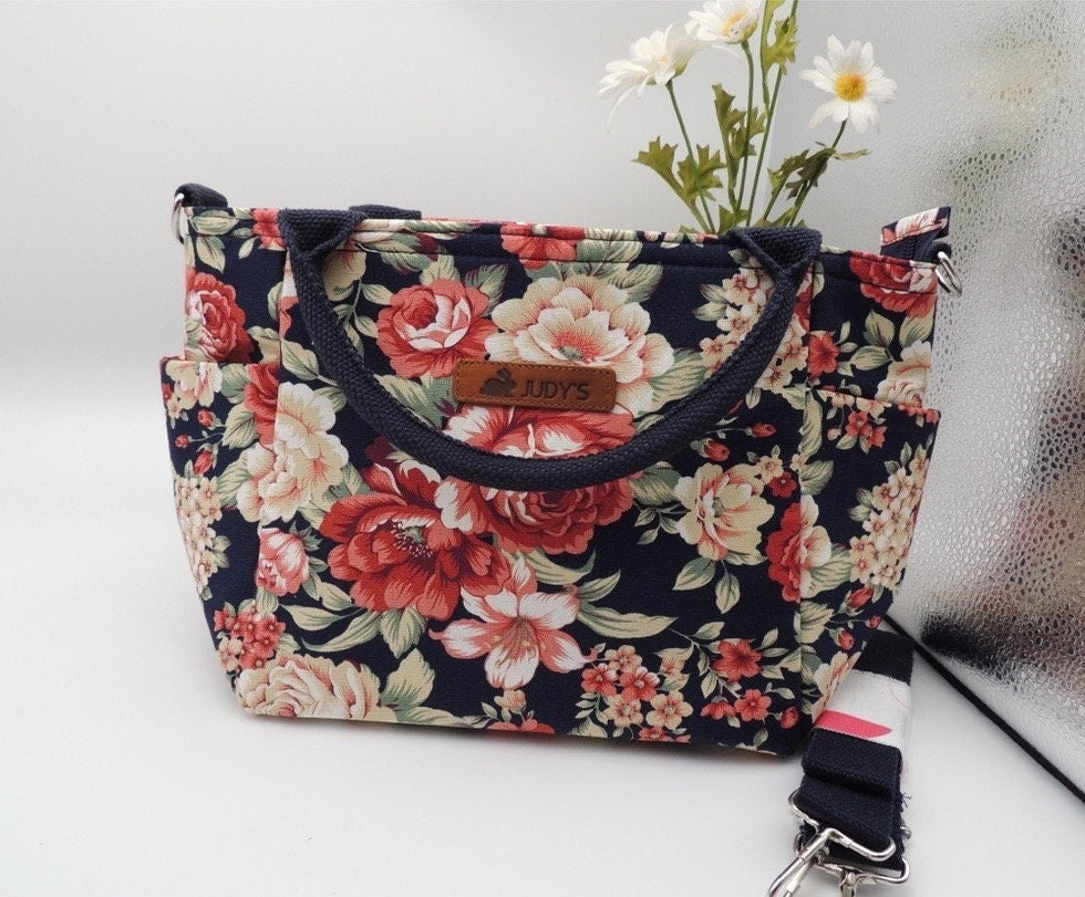 Handmade Medium Basket Style Handbag in Bold Red and White Roses on Black pattern