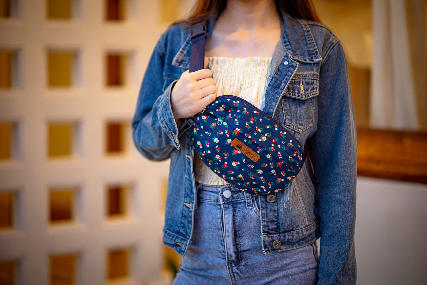 Small Handmade Crossbody Bag - Versatile in Blue with small flowers pattern