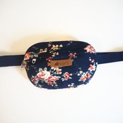 Small Handmade Crossbody Bag - Versatile Fanny Pack or Hip Bag in White Roses on Blue Pattern