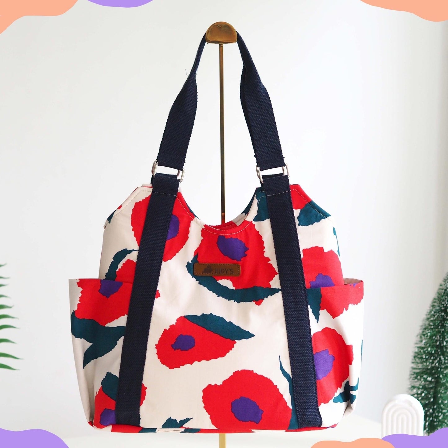 T-Shirt Style Shoulder Tote Bag - Chic Design in Big Red Flower Pattern on White