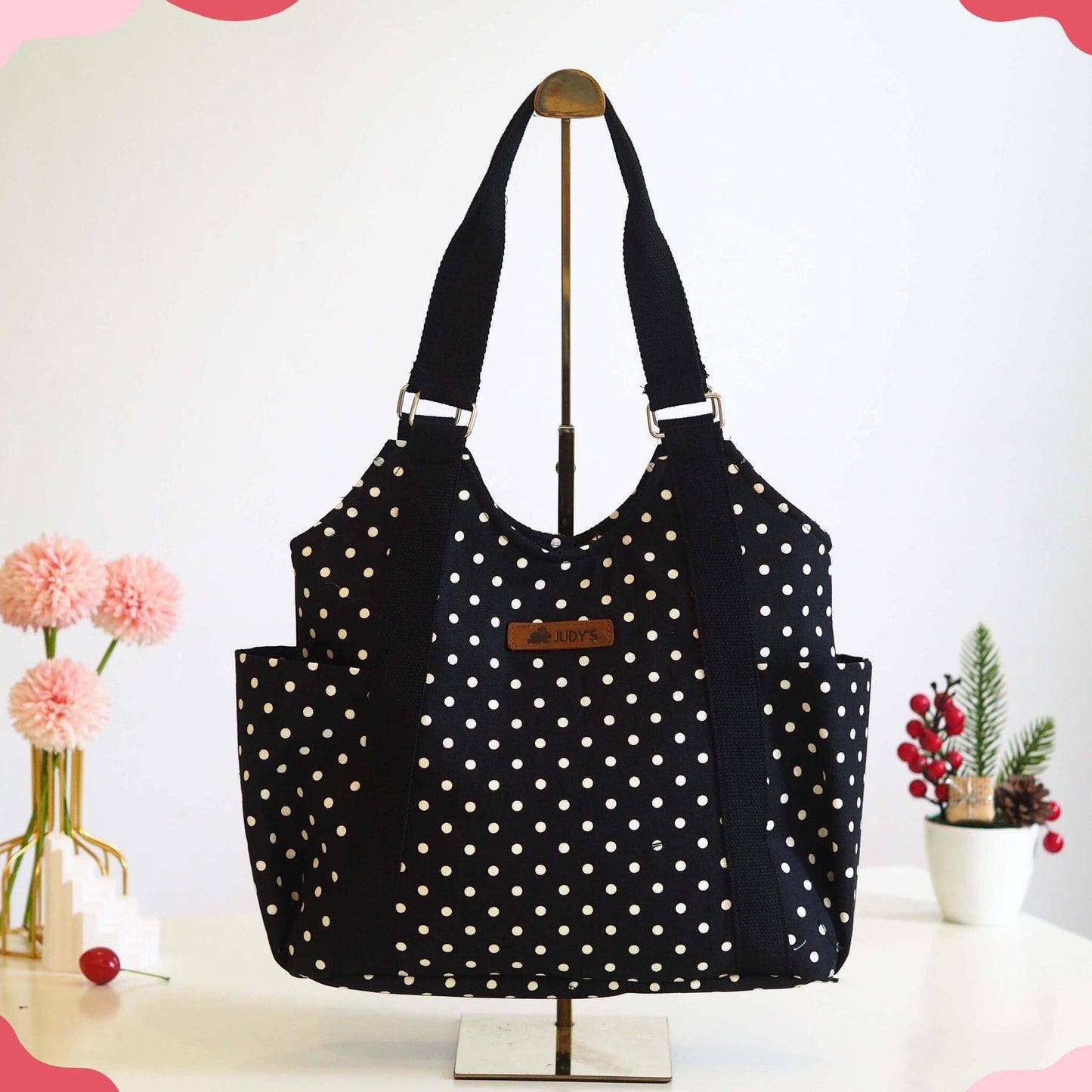 T-Shirt Style Shoulder Tote Bag - Chic Design in Black with White Polka Dot Pattern.