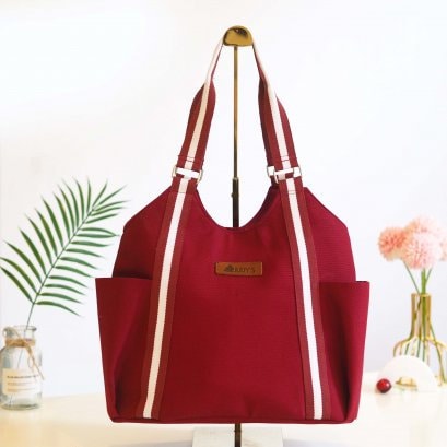 T-Shirt Style Shoulder Tote Bag - Chic Design in Maroon with White Stripe   Pattern.