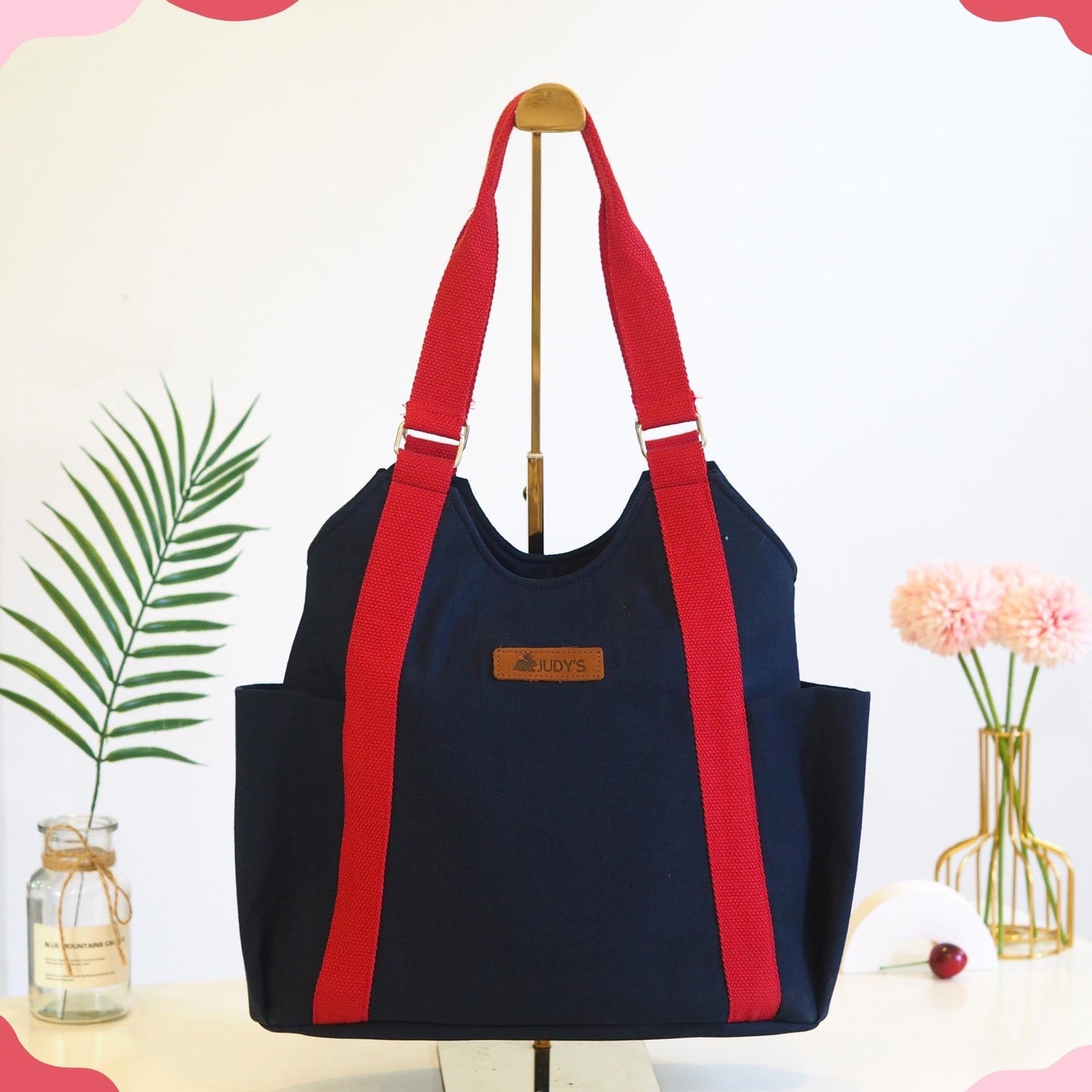 T-Shirt Style Shoulder Tote Bag - Chic Design in Navy with Red Strap   Pattern.