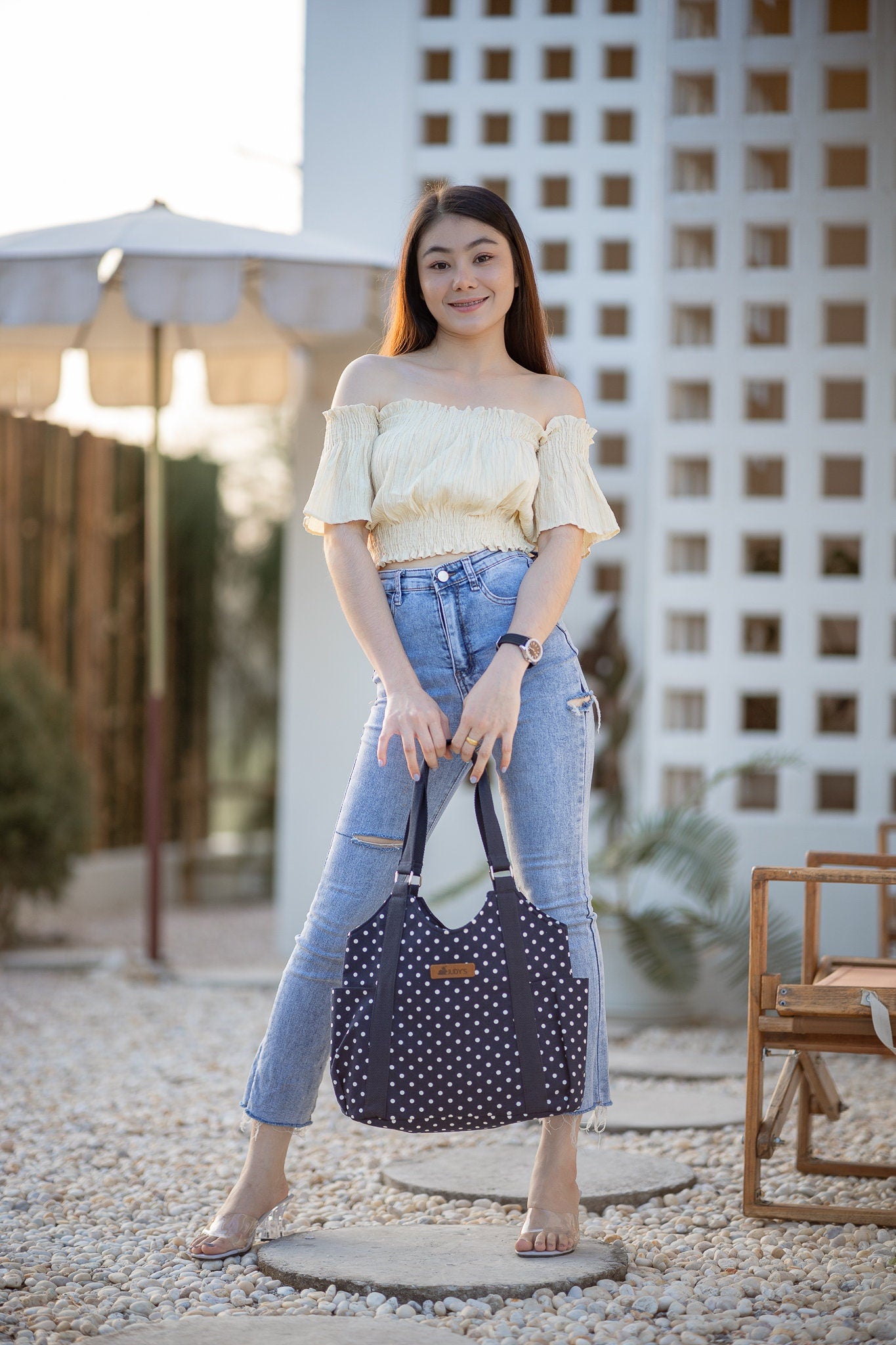 Thai Girl with T-Shirt Style Shoulder Tote Bag - Chic Design in Blue  with White Polka Dot Pattern.