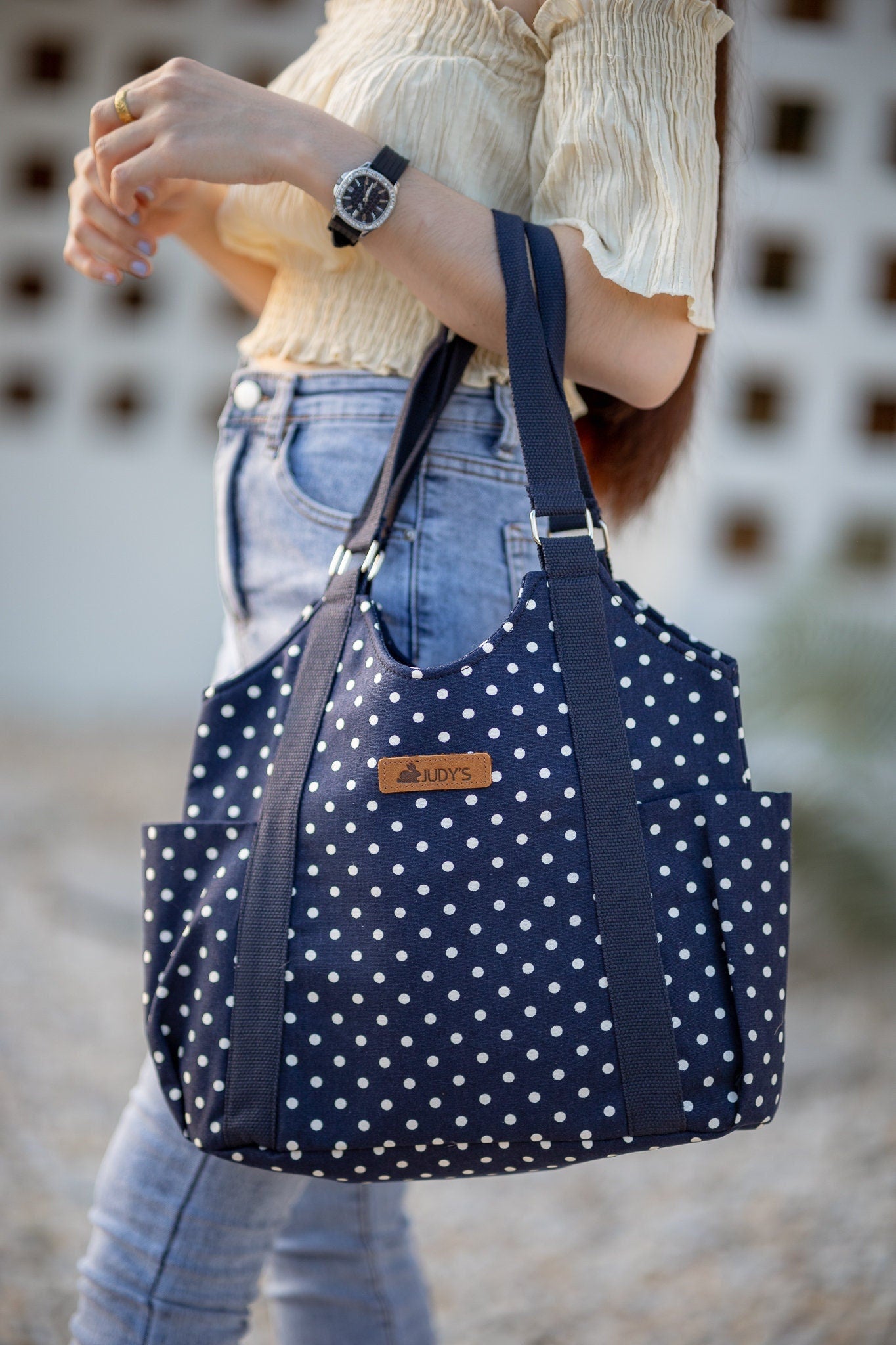 Girl with T-Shirt Style Shoulder Tote Bag - Chic Design in Blue  with White Polka Dot Pattern.