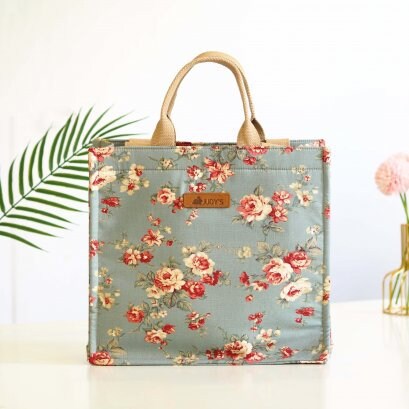 Square Shopping Bag in Beautiful Canvas and Japanese Cotton Fabric - In White Roses on Green Print.